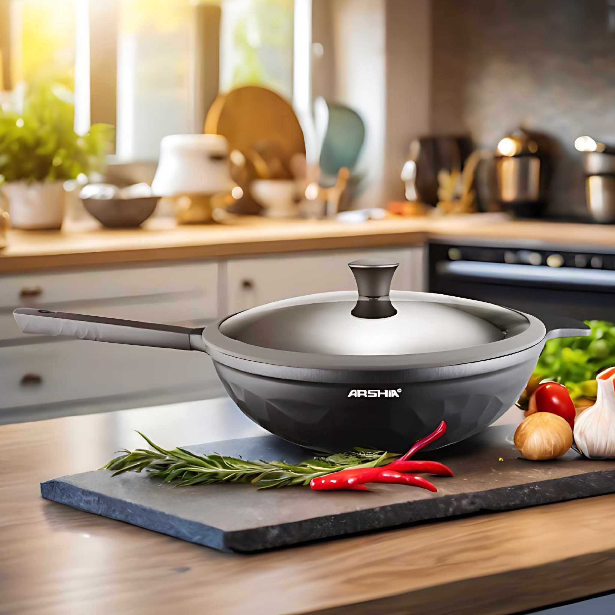 Arshia 32cm Diamond-Cast Wok Pan With Lid, CO110-3131