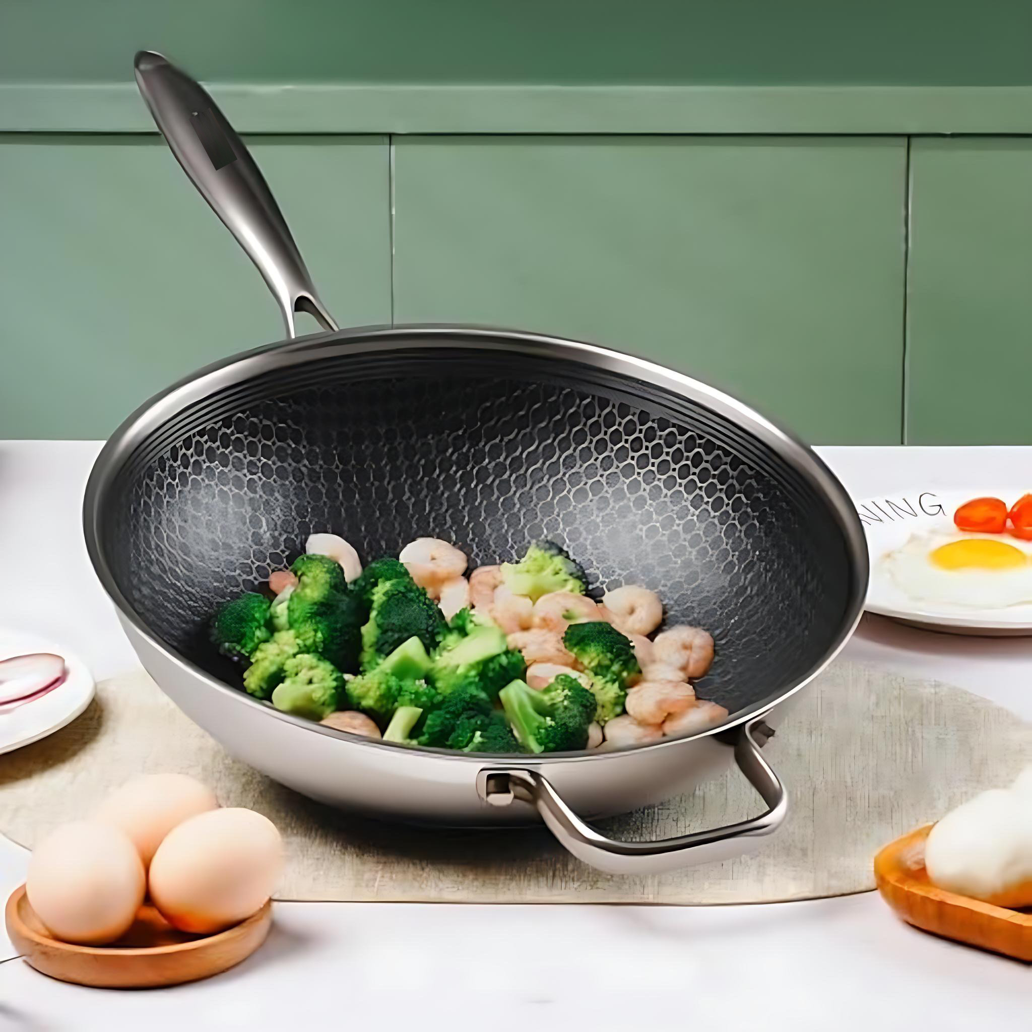 German Chef Hybrid 12-Inch Nonstick Stainless Steel Wok Pan With Lid, Stay-Cool Handle, PFOA Free, Compatible With All Cooktops