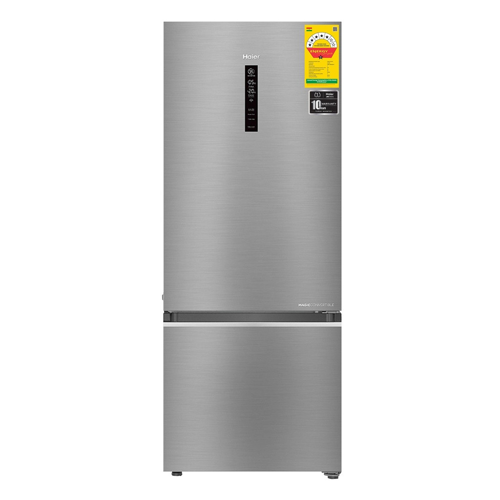 Haier 355 Ltr Triple Inverter 5 Star Frost-Free Premium Bottom Mounted Refrigerator with Digital Control Panel | Triple Inverter & Dual Fan Tech, Twist Ice Maker, Magic Cooling HRB-4053BIS-P ( Innox | Silver Finish fridge )