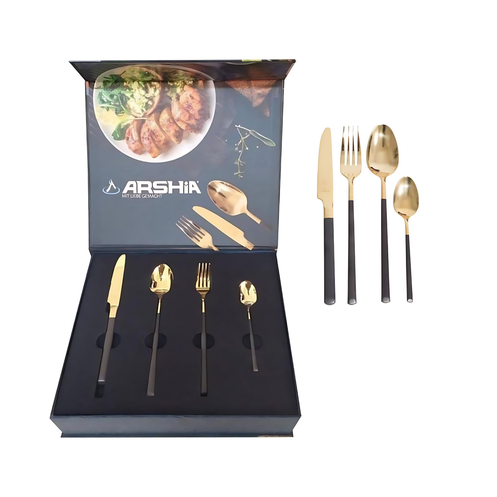 Arshia Stainless Steel Cutlery Set 24pc Gold & Black - TM014-2350