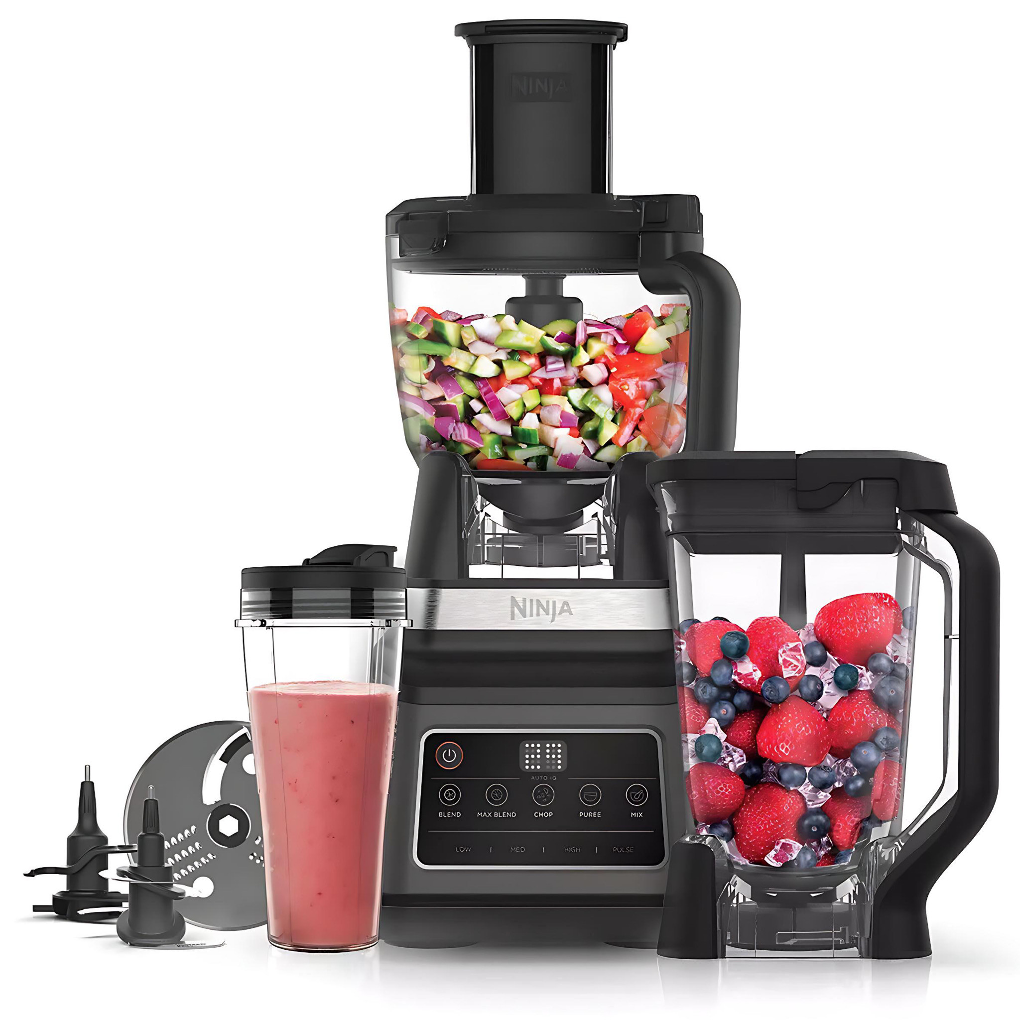 Ninja 3-in-1 Food Processor with Auto-IQ | Blend, Max Blend, Chop, Mix, Puree, 1.8L Bowl, 2.1L Jug, 700ml Cup, BN800UK