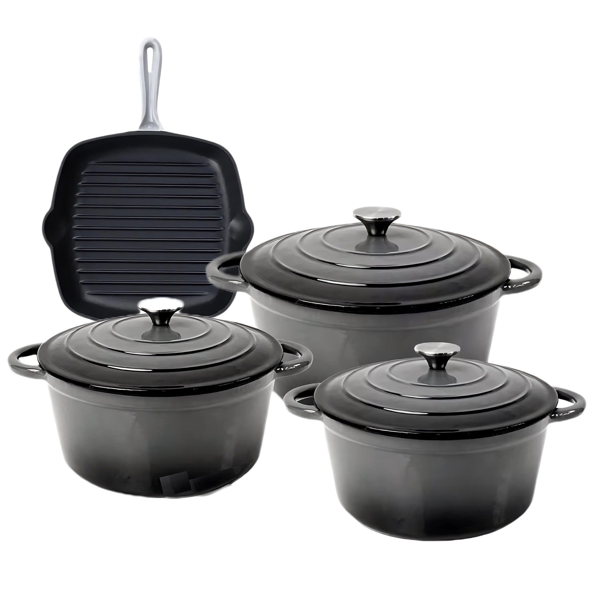 S. Chef Deluxe 4-Pcs Premium Spacious Enamel Cast Iron Dutch Oven Cookware Set With  Grill Pan | Dark Grey.