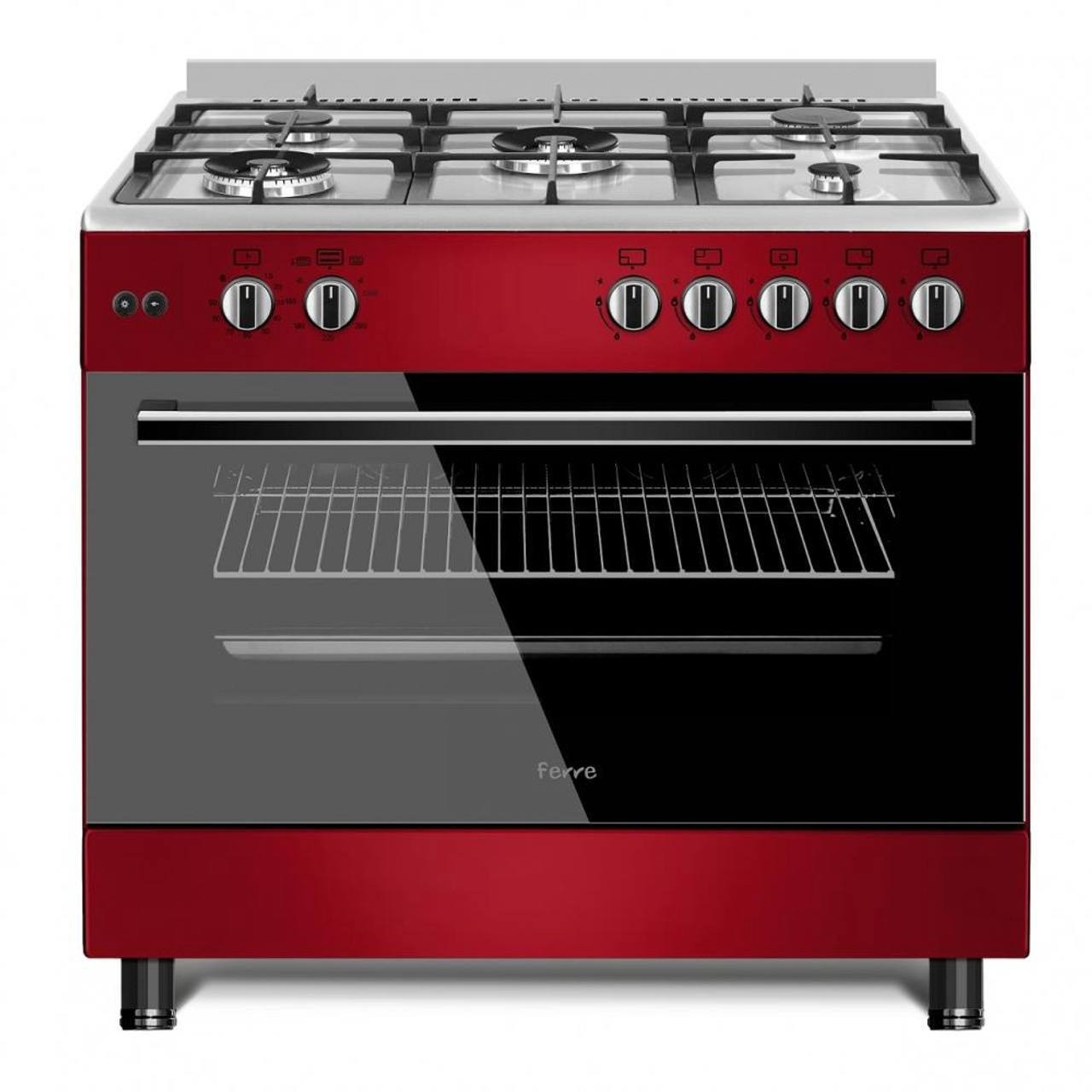Ferre 90cm 5 burner gas cooker - cast iron support, auto ignition, oven grill