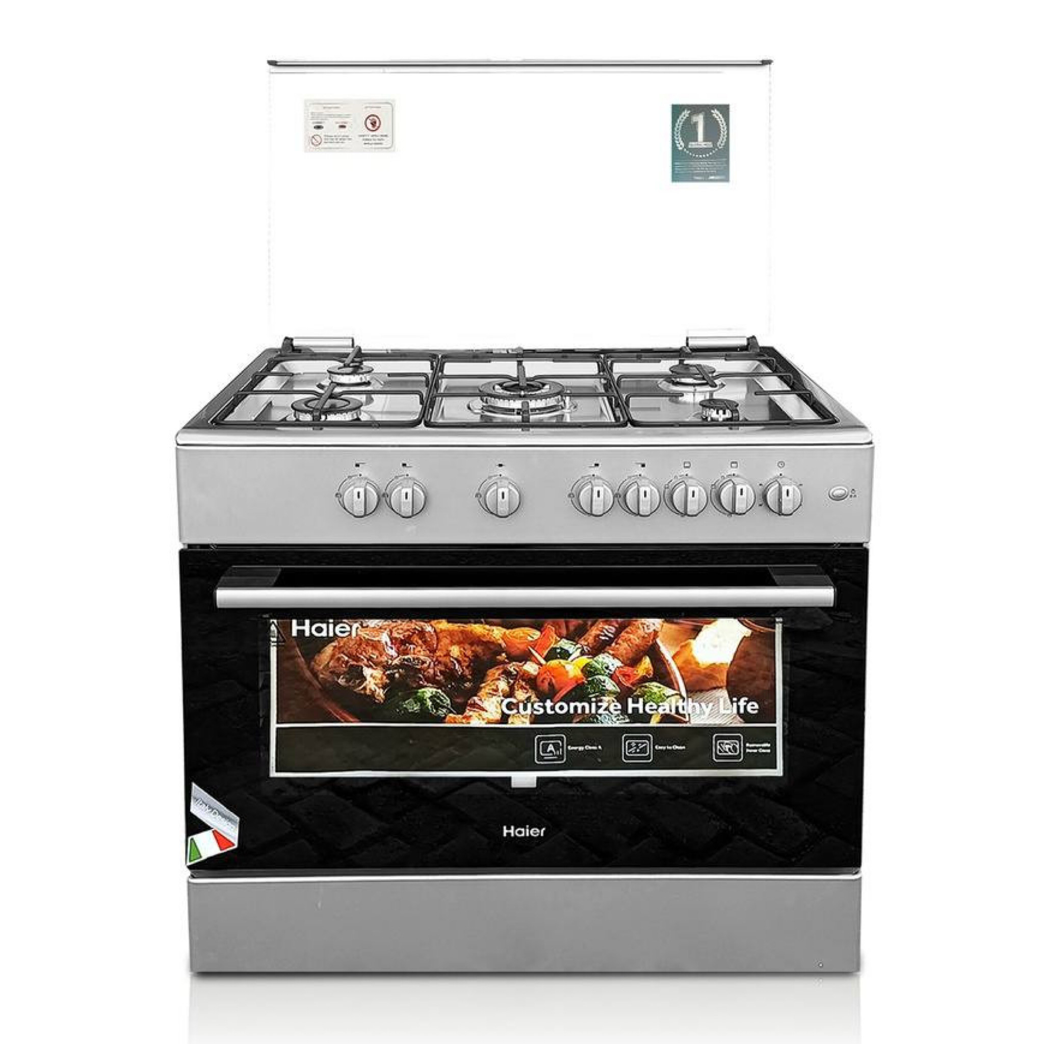 Haier 90×60 5 Burner commercial, Domestic Gas Cooker with Grill & Rotisserie | 110L Big Oven, Stainless Steel, Auto Ignition, Flame Failure Device, 2-Knob Oven Control - HCR6050EGS